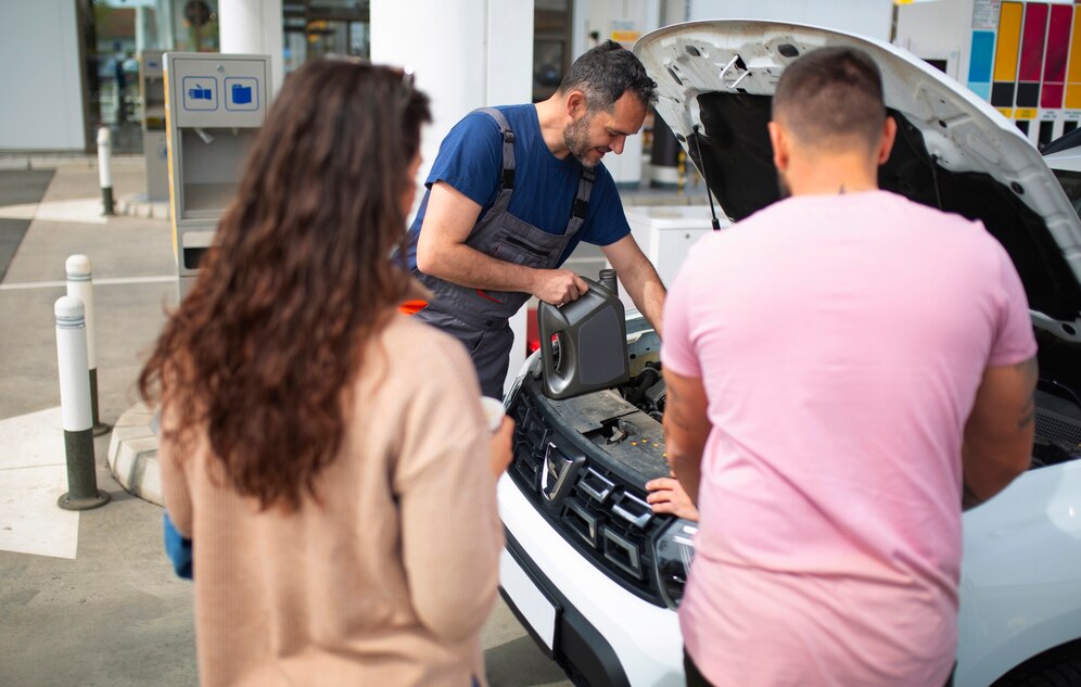 Equipe de mecânicos trabalhando em um carro